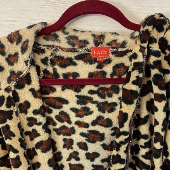 LACE Leopard Print Plush PJ Jacket Brown Soft Hoodie Women's Size M Pocket EUC - Picture 6 of 7